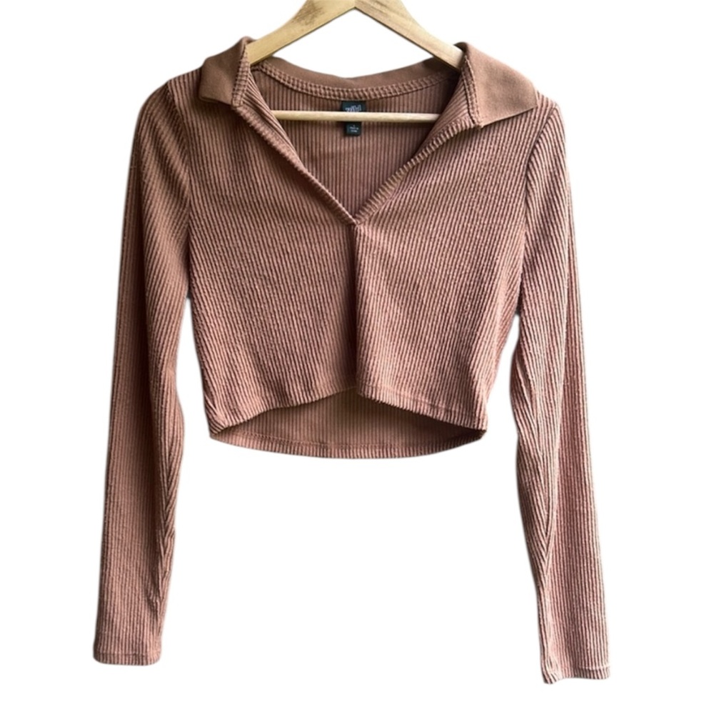 Minimalist Ribbed Knit Brown Collared V-Neck Crop Top Large
